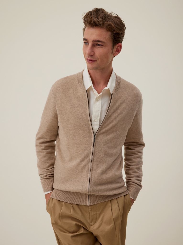 Edy Cardigan zippé beige en cachemire 2 fils col teddy pour homme