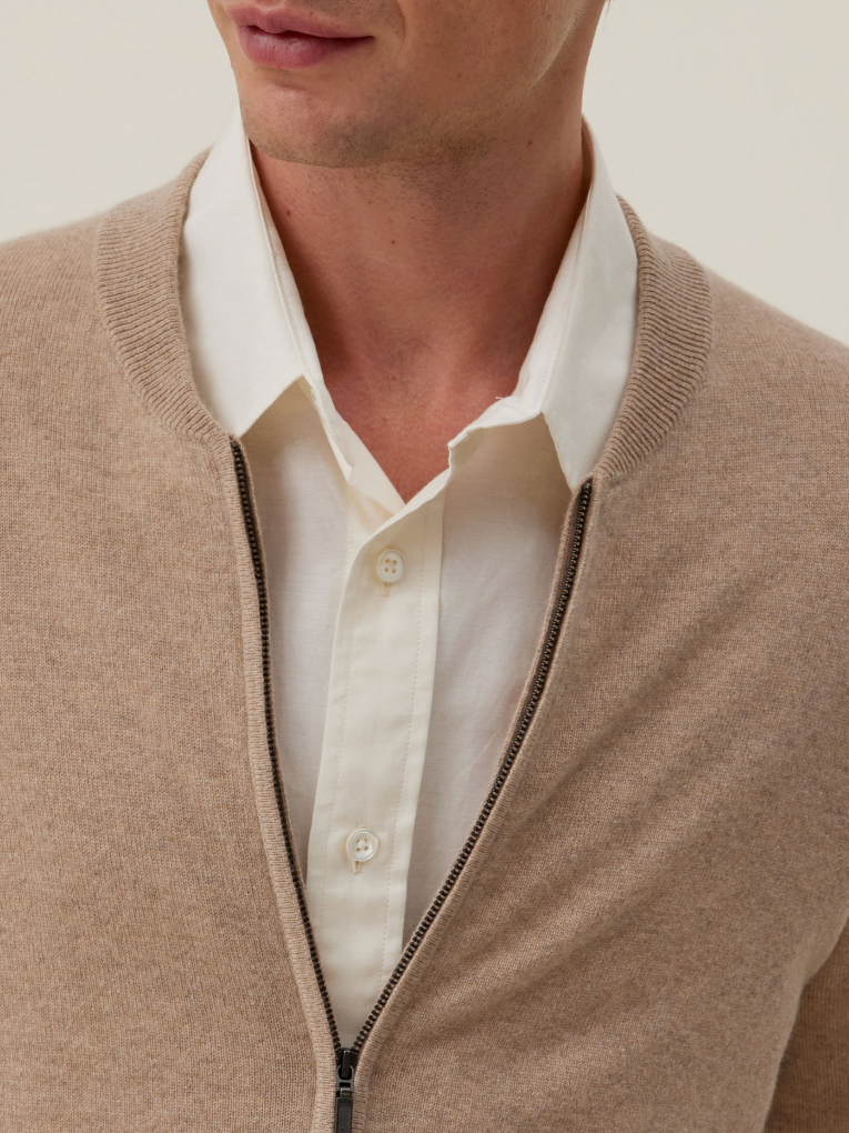 Edy Cardigan zippé beige en cachemire 2 fils col teddy pour homme