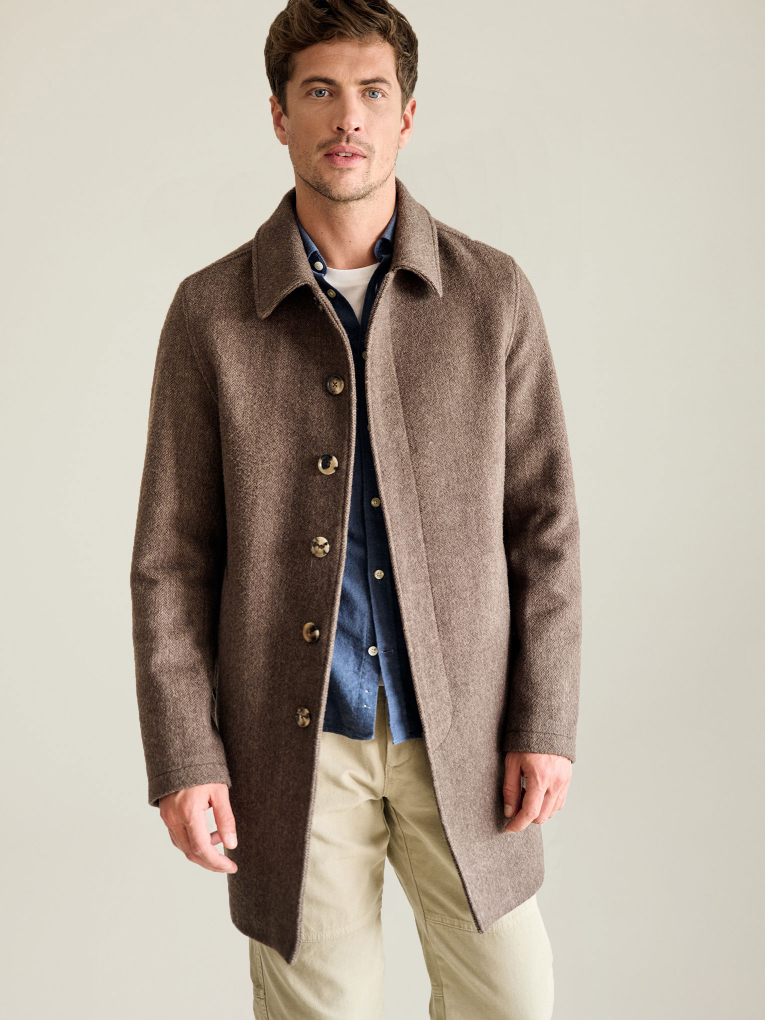 Maca Beige wool and cashmere herringbone Mac coat for men